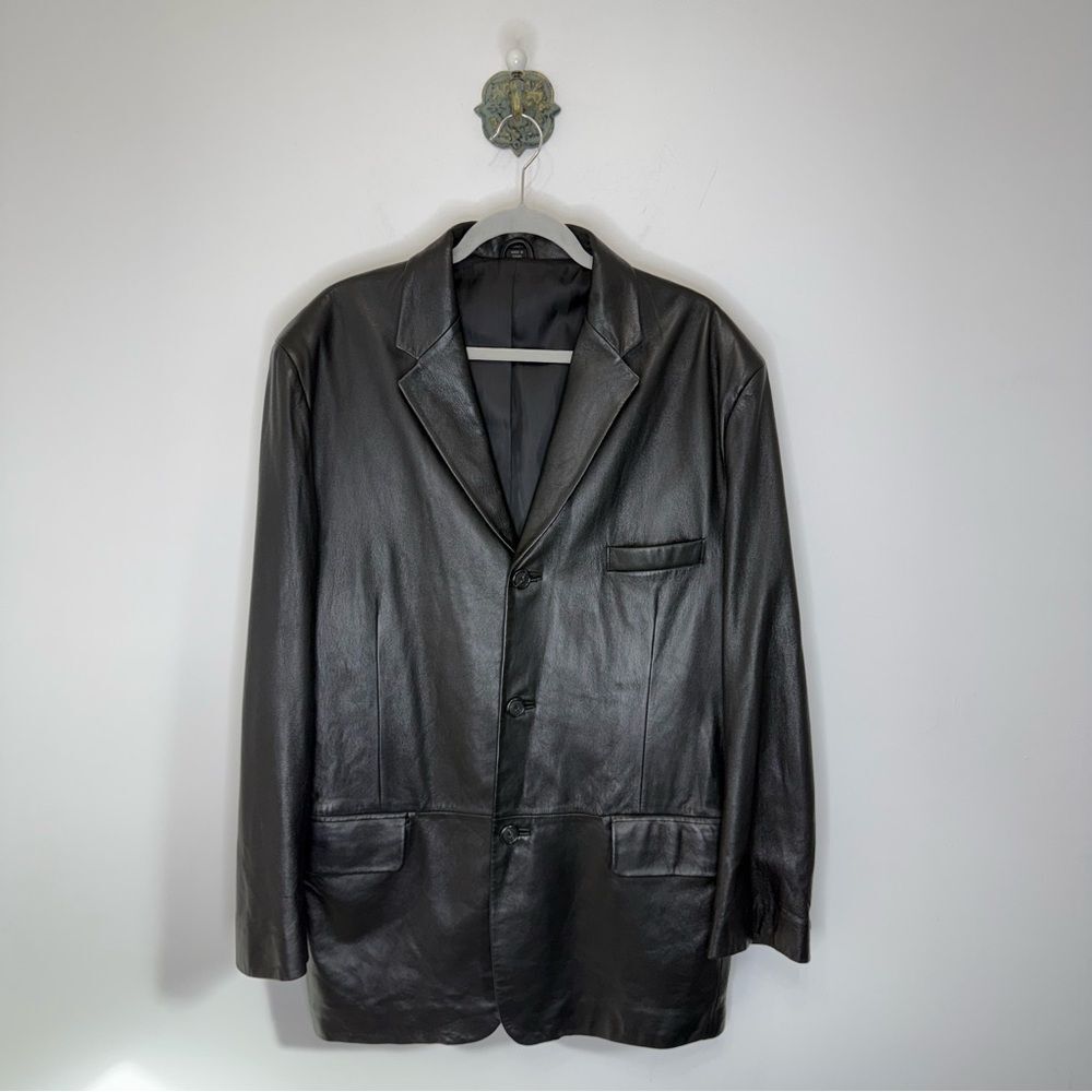 Alfani Black Leather Positano Blazer Jacket Three Button Lined Buttery Soft 46R